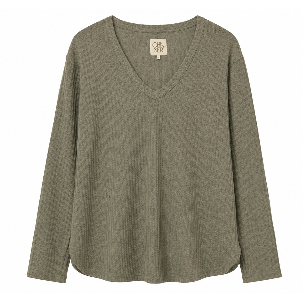 Chaser Womens Olive Green Waffle Knit V-Neck Long Sleeve Thermal Top Size M